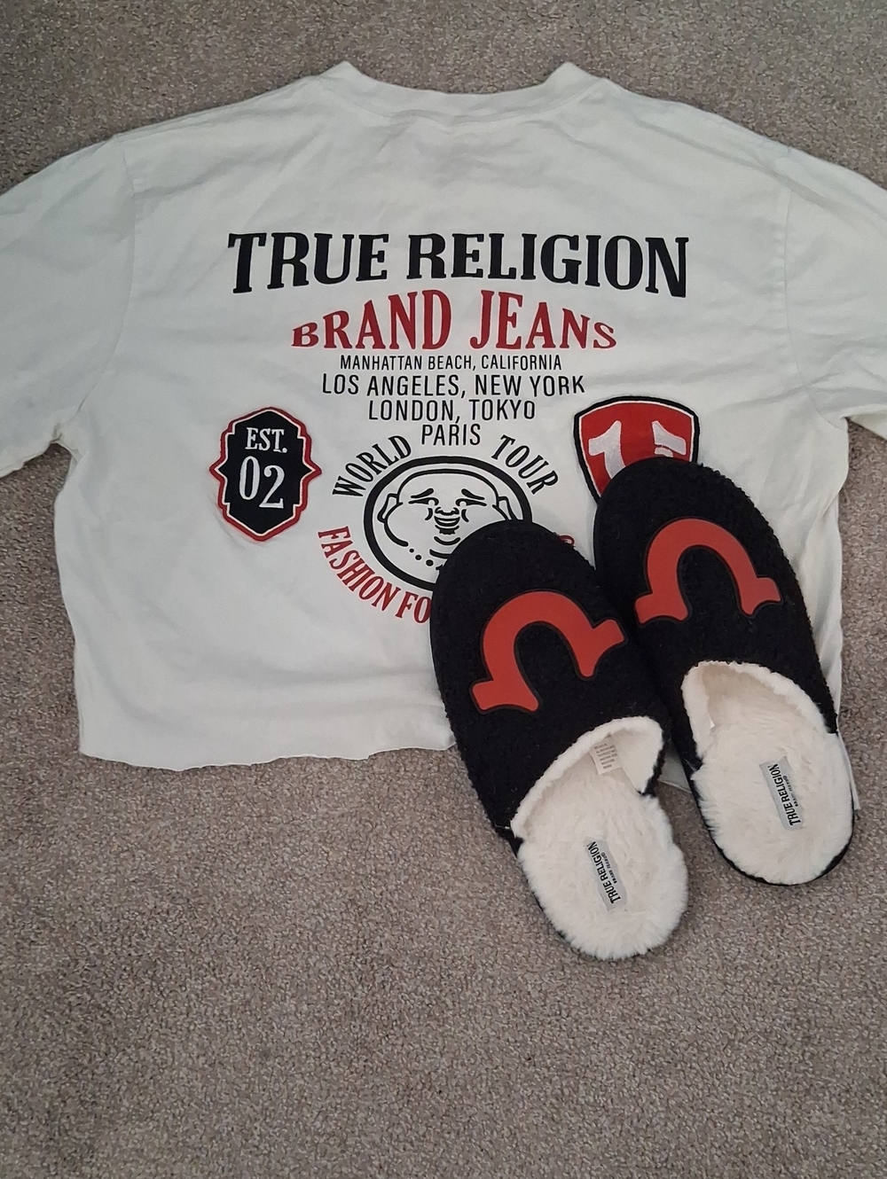 True Religion Bundle Short Cut Off  T-Shirt Logo XL Plus Black- White Slippers 9